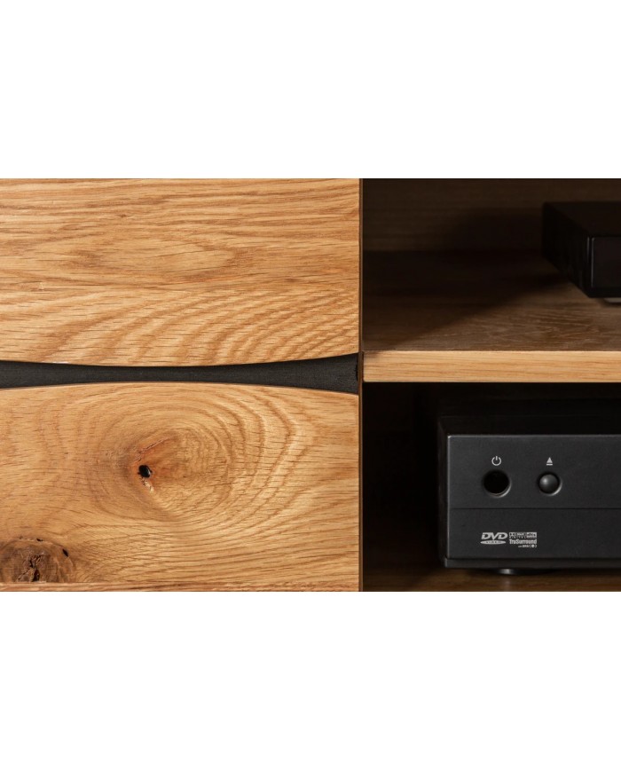 Meuble TV 2 troirs 160 cm en chêne massif sauvage & métal Oakline