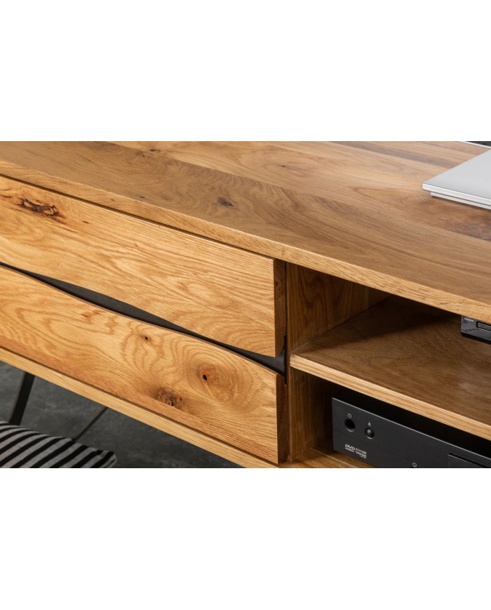 Meuble TV 2 troirs 160 cm en chêne massif sauvage & métal Oakline