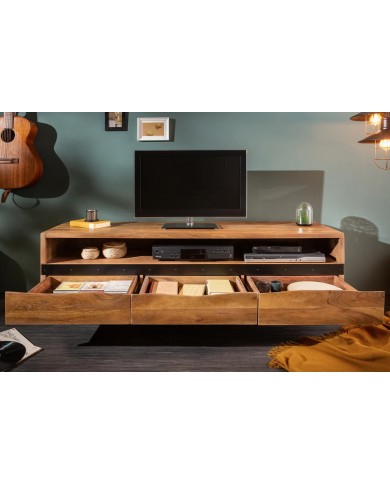 Meuble TV 3 tiroirs 160 cm en bois massif d'acacia miel & métal Acacia Line