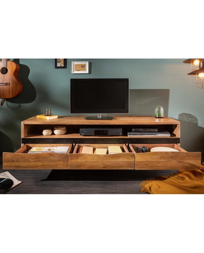 Meuble TV 3 tiroirs 160 cm en bois massif d'acacia miel & métal Acacia Line