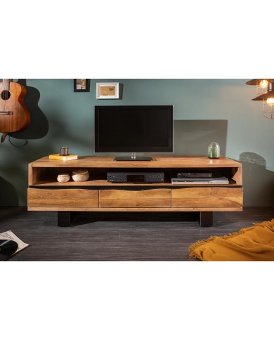 Meuble TV 3 tiroirs 160 cm en bois massif d'acacia miel & métal Acacia Line