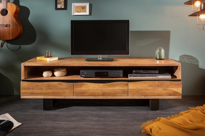Meuble TV 3 tiroirs 160 cm en bois massif d'acacia miel & métal Acacia Line