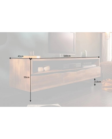 Meuble TV 3 tiroirs 160 cm en bois massif d'acacia miel & métal Acacia Line