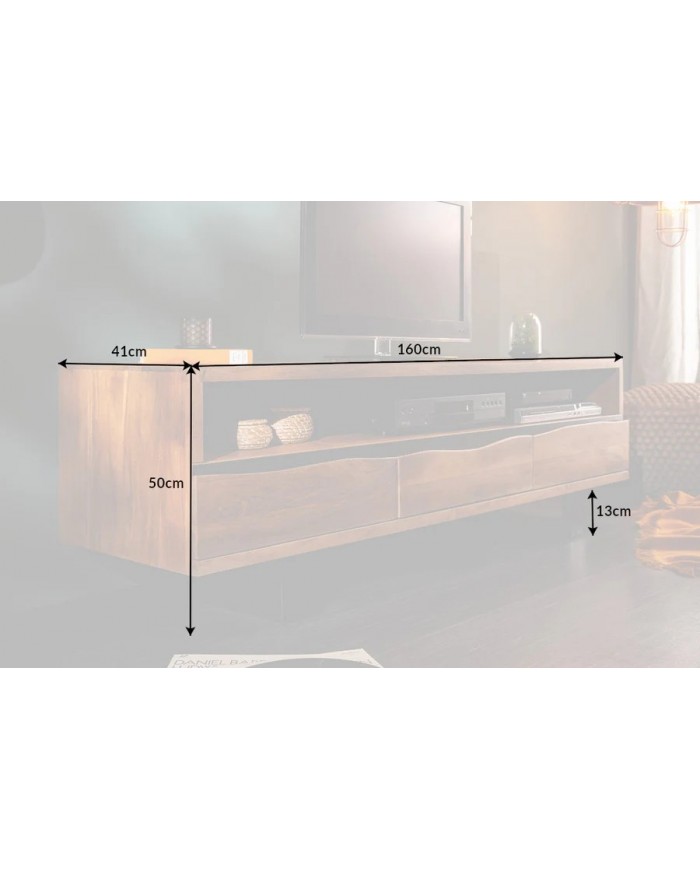Meuble TV 3 tiroirs 160 cm en bois massif d'acacia miel & métal Acacia Line