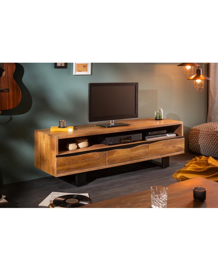 Meuble TV 3 tiroirs 160 cm en bois massif d'acacia miel & métal Acacia Line