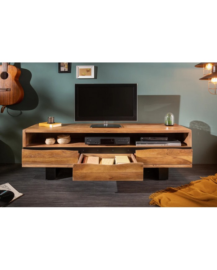 Meuble TV 3 tiroirs 160 cm en bois massif d'acacia miel & métal Acacia Line