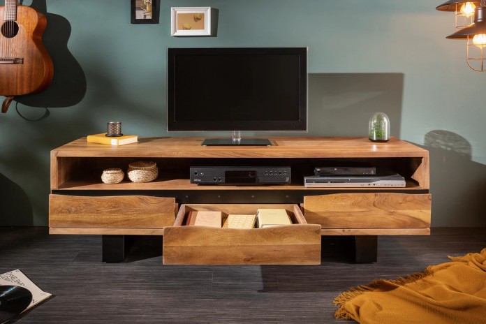 Meuble TV 3 tiroirs 160 cm en bois massif d'acacia miel & métal Acacia Line