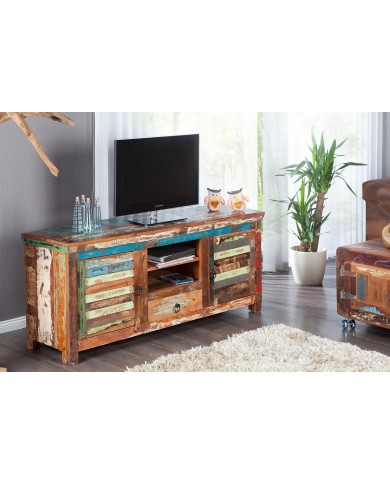 Meuble TV 2 portes et 1 tiroirs 15 cm en bois recyclé coloré NOMAD