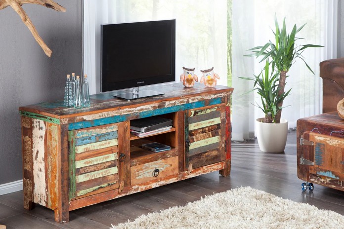 Meuble TV 2 portes et 1 tiroirs 15 cm en bois recyclé coloré NOMAD