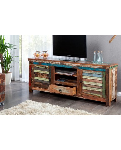 Meuble TV 2 portes et 1 tiroirs 15 cm en bois recyclé coloré NOMAD
