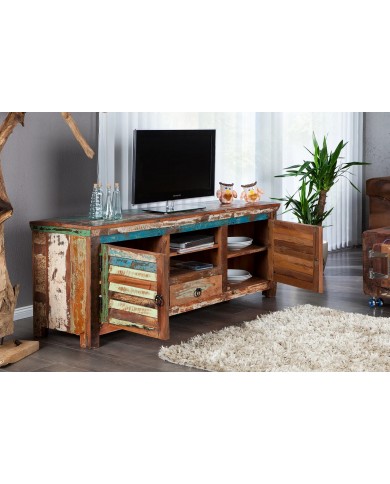 Meuble TV 2 portes et 1 tiroirs 15 cm en bois recyclé coloré NOMAD
