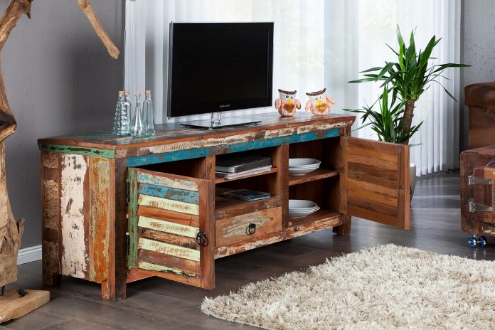 Meuble TV 2 portes et 1 tiroirs 15 cm en bois recyclé coloré NOMAD