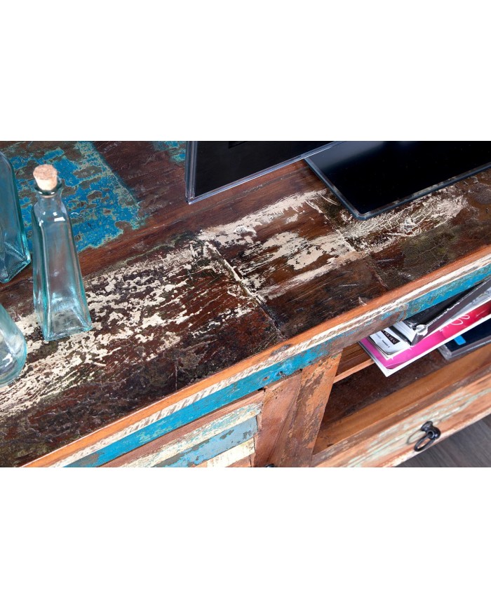 Meuble TV 2 portes et 1 tiroirs 15 cm en bois recyclé coloré NOMAD