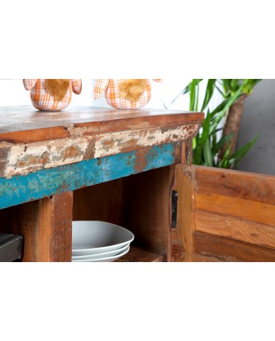 Meuble TV 2 portes et 1 tiroirs 15 cm en bois recyclé coloré NOMAD
