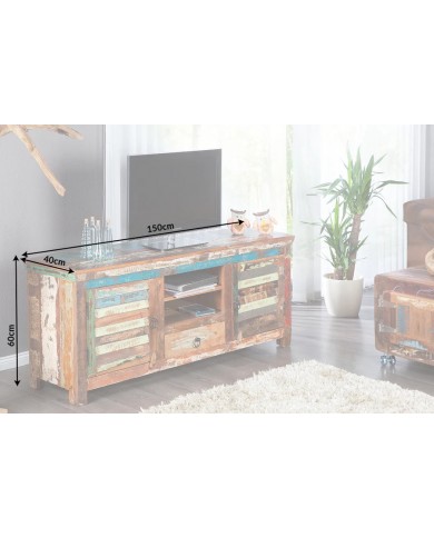 Meuble TV 2 portes et 1 tiroirs 15 cm en bois recyclé coloré NOMAD