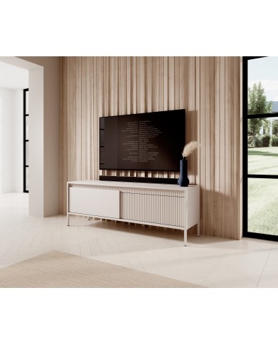 Meuble TV 2 portes Sculptural 157 cm avec façades rainurées beige LUXOR CREMA