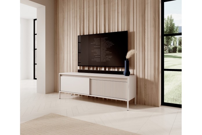 Meuble TV 2 portes Sculptural 157 cm avec façades rainurées beige LUXOR CREMA