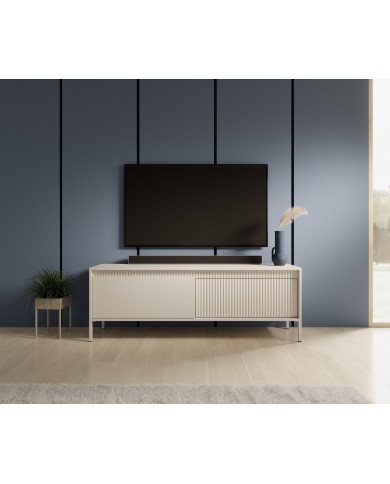 Meuble TV 2 portes Sculptural 157 cm avec façades rainurées beige LUXOR CREMA
