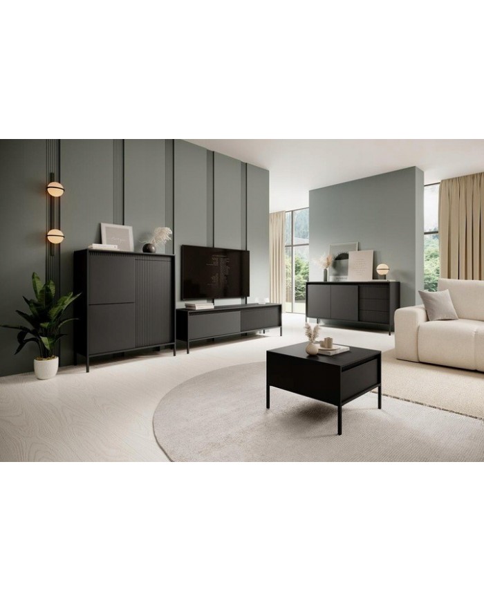 Meuble TV 2 portes Sculptural 157 cm avec façades rainurées noirs LUXOR NOIR