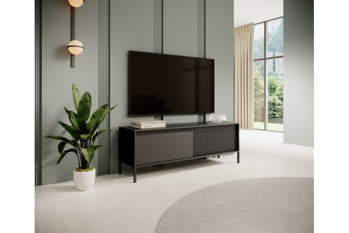 Meuble TV 2 portes Sculptural 157 cm avec façades rainurées noirs LUXOR NOIR