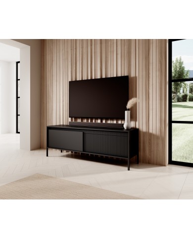 Meuble TV 2 portes Sculptural 157 cm avec façades rainurées noirs LUXOR NOIR