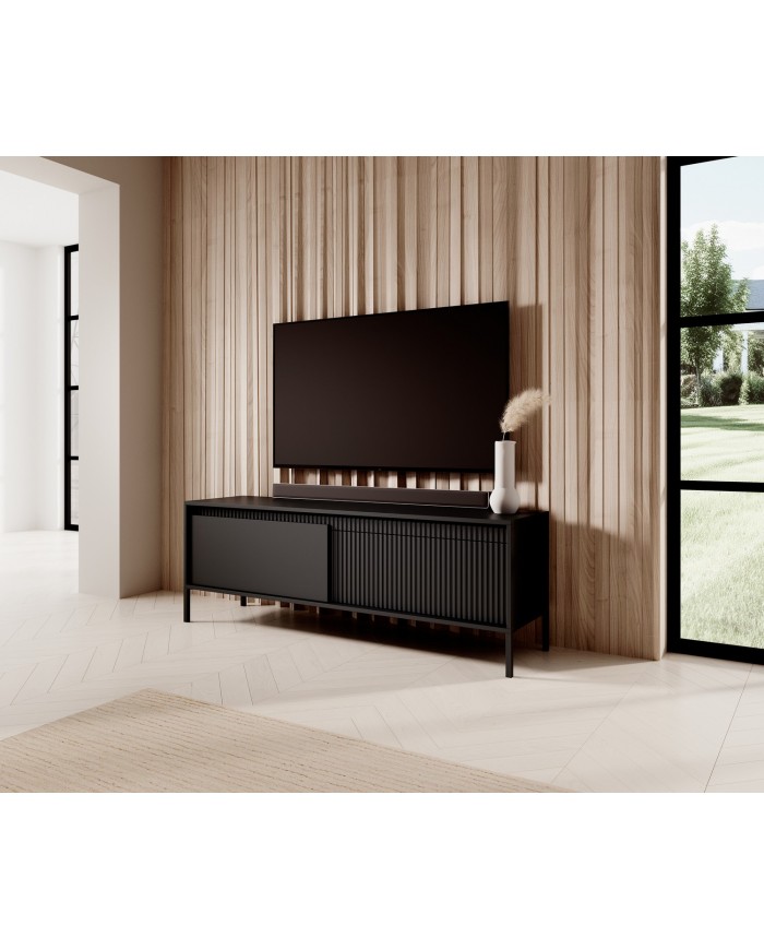 Meuble TV 2 portes Sculptural 157 cm avec façades rainurées noirs LUXOR NOIR