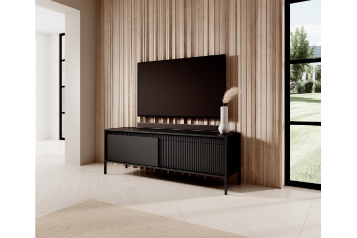 Meuble TV 2 portes Sculptural 157 cm avec façades rainurées noirs LUXOR NOIR