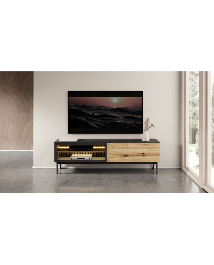 Meuble TV 2 portes 150 cm Design Sculptural avec Éclairage LEDs Intégrées VERTIGO NOIR