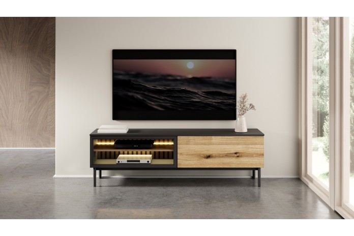 Meuble TV 2 portes 150 cm Design Sculptural avec Éclairage LEDs Intégrées VERTIGO NOIR