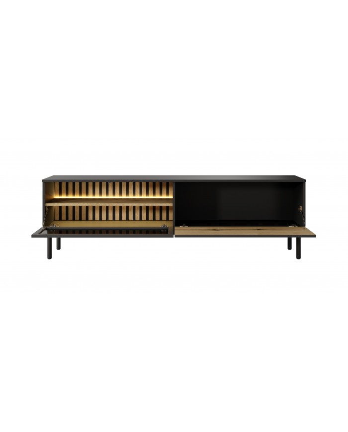 Meuble TV 2 portes 180 cm Design Sculptural avec Éclairage LEDs Intégrées VERTIGO NOIR