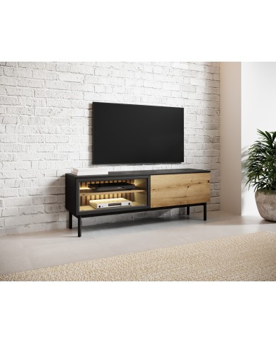 Meuble TV 2 portes 180 cm Design Sculptural avec Éclairage LEDs Intégrées VERTIGO NOIR