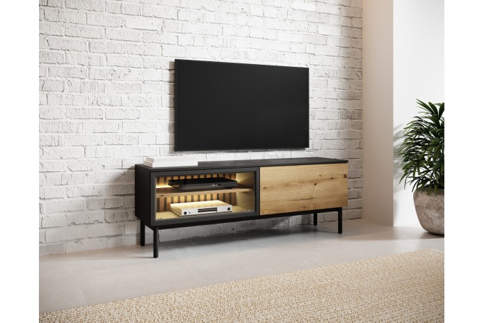 Meuble TV 2 portes 180 cm Design Sculptural avec Éclairage LEDs Intégrées VERTIGO NOIR