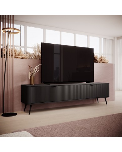 Meuble TV 1 porte 200 cm Design Sculptural & Chic Moderne noir ALVORA GOLD BLACK