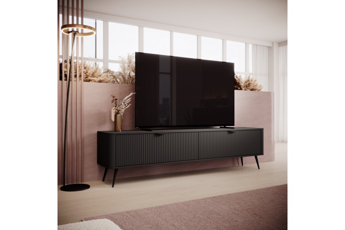 Meuble TV 1 porte 200 cm Design Sculptural & Chic Moderne noir ALVORA GOLD BLACK