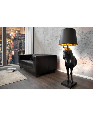 Lampadaire Sculpture Cheval Noir & Abat‑jour Doré 130 cm DARK HORSE