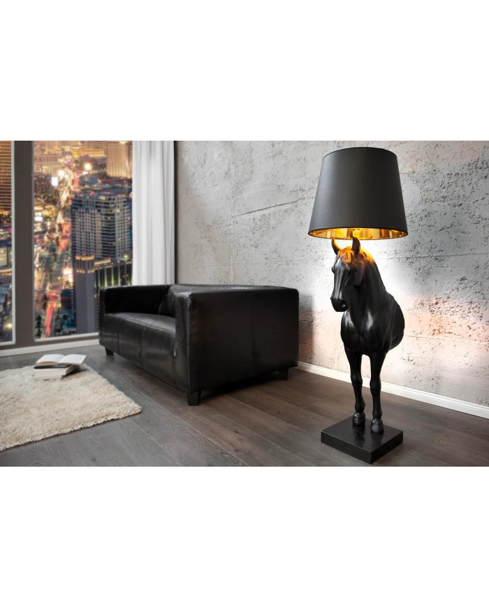 Lampadaire Sculpture Cheval Noir & Abat‑jour Doré 130 cm DARK HORSE