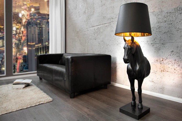 Lampadaire Sculpture Cheval Noir & Abat‑jour Doré 130 cm DARK HORSE