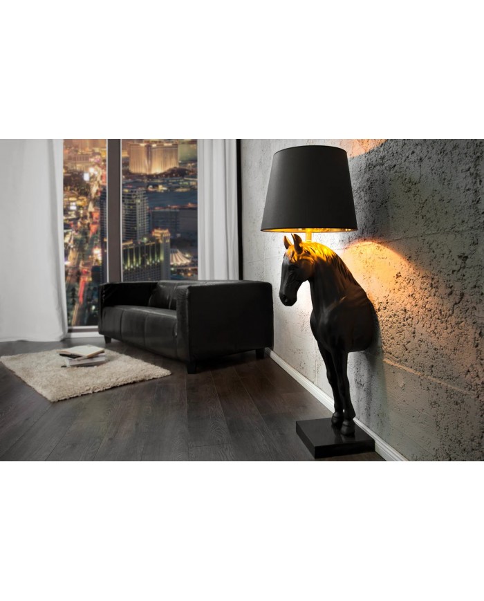 Lampadaire Sculpture Cheval Noir & Abat‑jour Doré 130 cm DARK HORSE