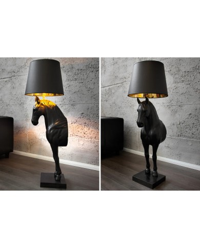 Lampadaire Sculpture Cheval Noir & Abat‑jour Doré 130 cm DARK HORSE