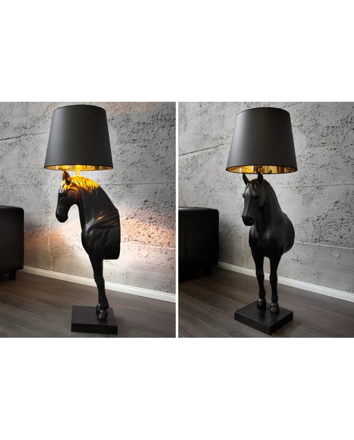 Lampadaire Sculpture Cheval Noir & Abat‑jour Doré 130 cm DARK HORSE