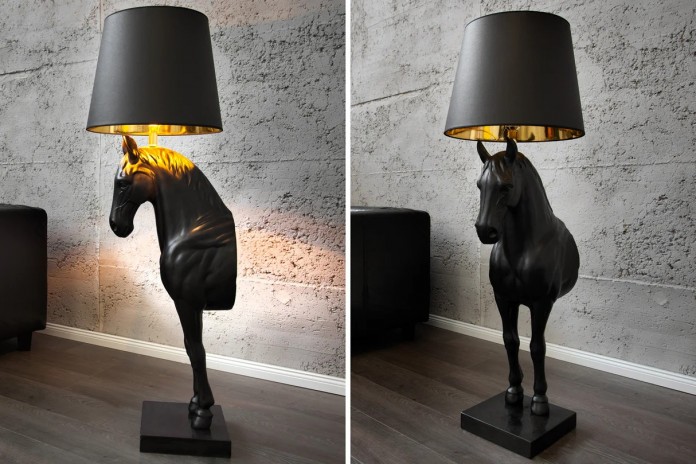 Lampadaire Sculpture Cheval Noir & Abat‑jour Doré 130 cm DARK HORSE