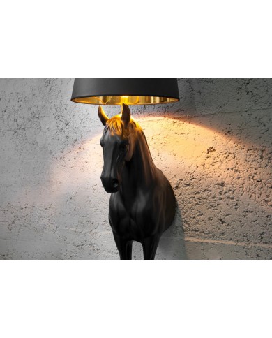 Lampadaire Sculpture Cheval Noir & Abat‑jour Doré 130 cm DARK HORSE