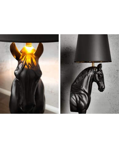 Lampadaire Sculpture Cheval Noir & Abat‑jour Doré 130 cm DARK HORSE