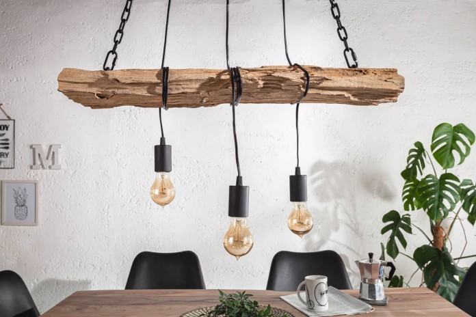 Lampe suspendue en bois recyclé et métal noir avec 3 ampoules 70 cm BARRACUDA