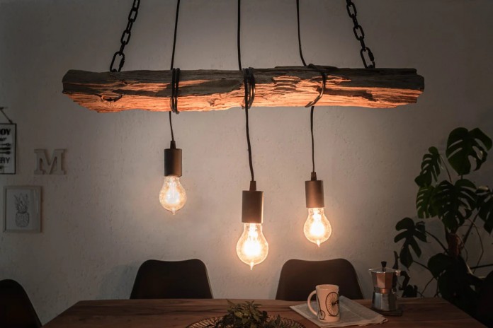 Lampe suspendue en bois recyclé et métal noir avec 3 ampoules 70 cm BARRACUDA