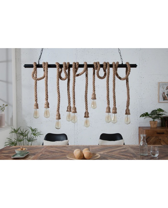 Lampe suspendue en corde et métal noir 10 ampoule en abaca 120 cm CORDELIA II