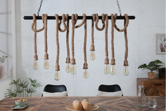 Lampe suspendue en corde et métal noir 10 ampoule en abaca 120 cm CORDELIA II