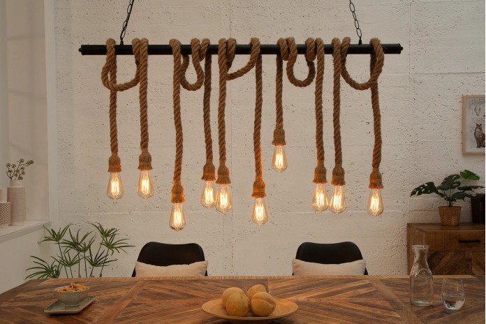 Lampe suspendue en corde et métal noir 10 ampoule en abaca 120 cm CORDELIA II