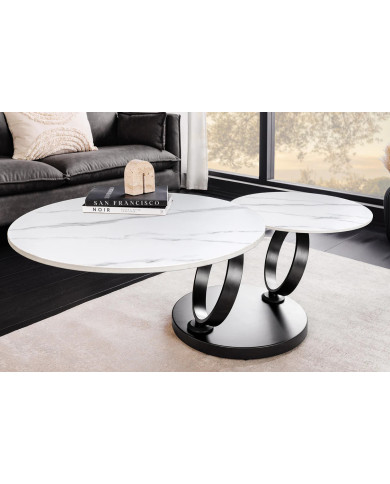 Table Basse Plateau Céramique Pivotant Effet Marbre Blanc pieds en métal noir DANCING 80–135 cm –