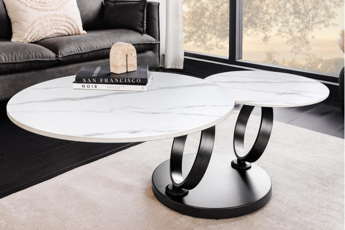 Table Basse Plateau Céramique Pivotant Effet Marbre Blanc pieds en métal noir DANCING 80–135 cm –